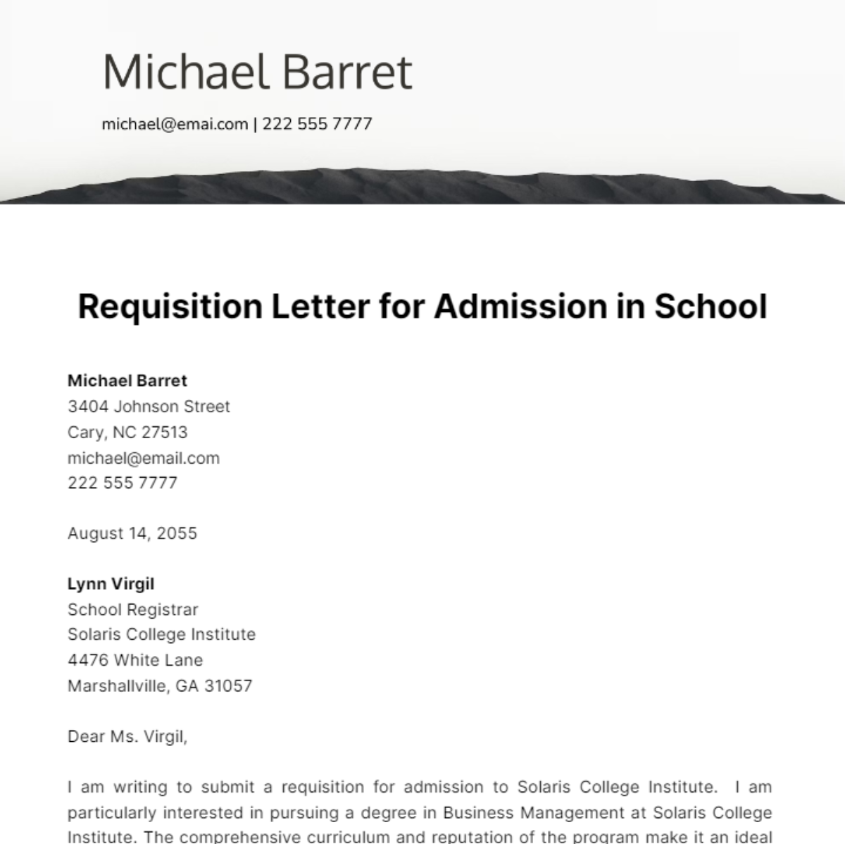 Requisition Letter for Admission in School Template