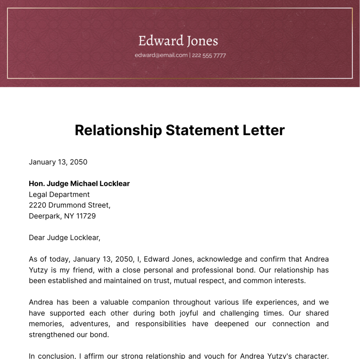 Free Relationship Statement Letter Template