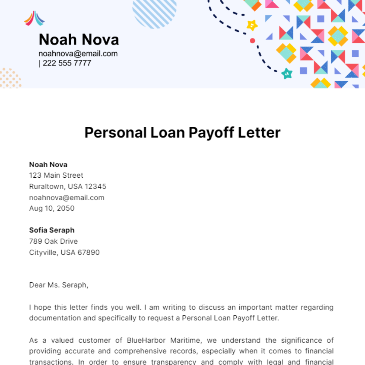 Personal Loan Payoff Letter Template