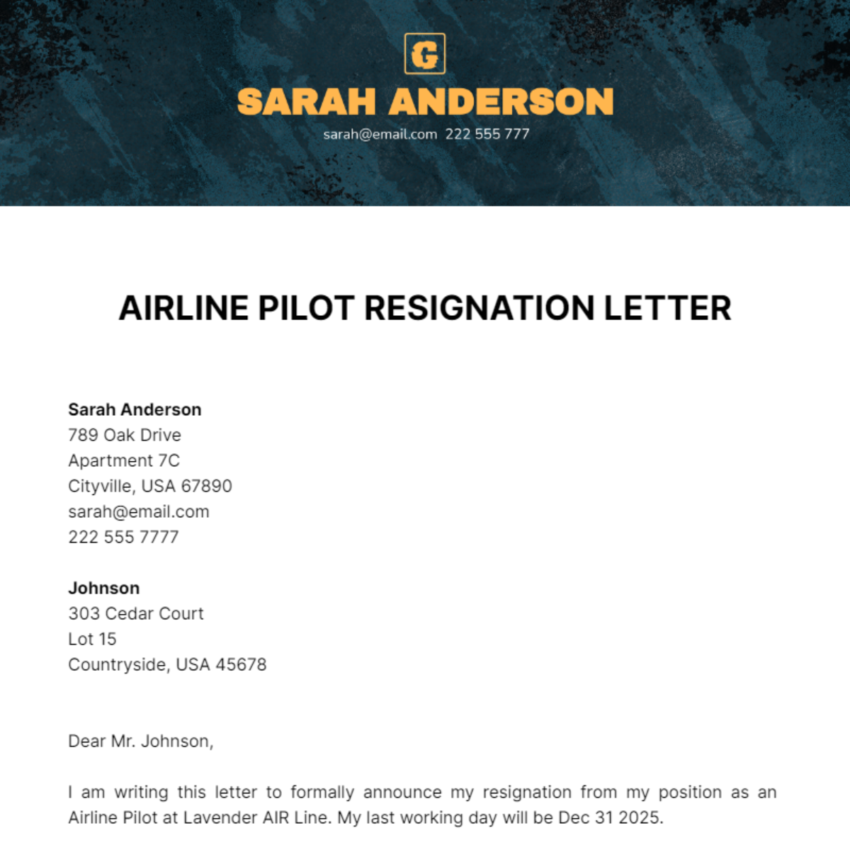 Airline Pilot Resignation Letter Template
