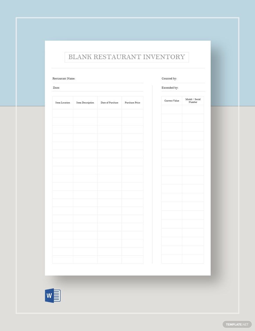 Blank Restaurant Inventory Template