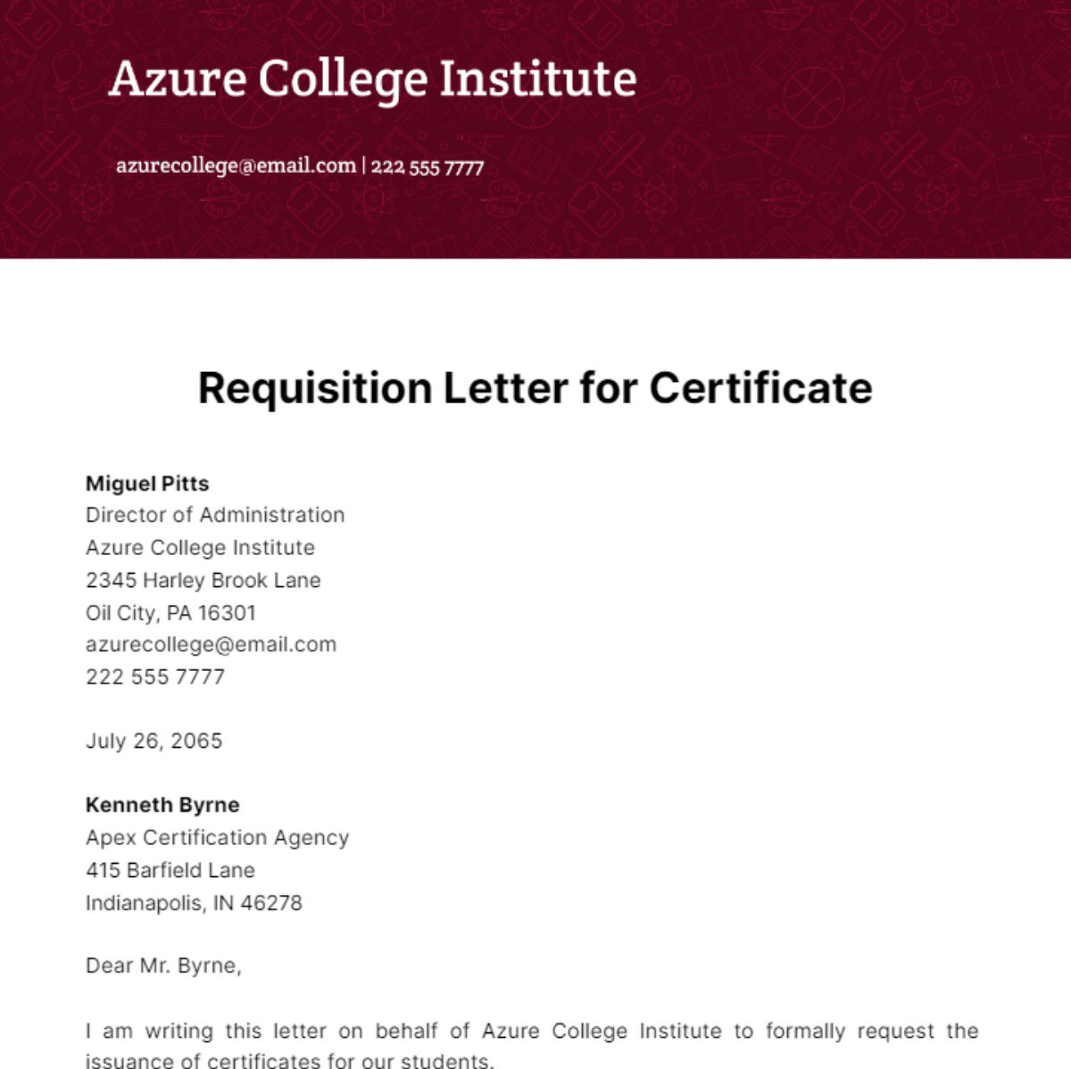 Requisition Letter for Certificate Template