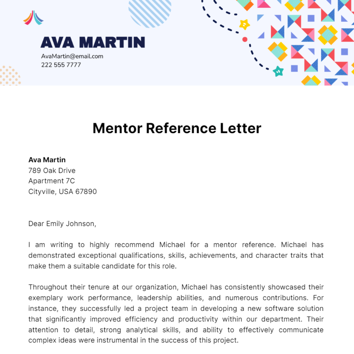 Mentor Reference Letter Template