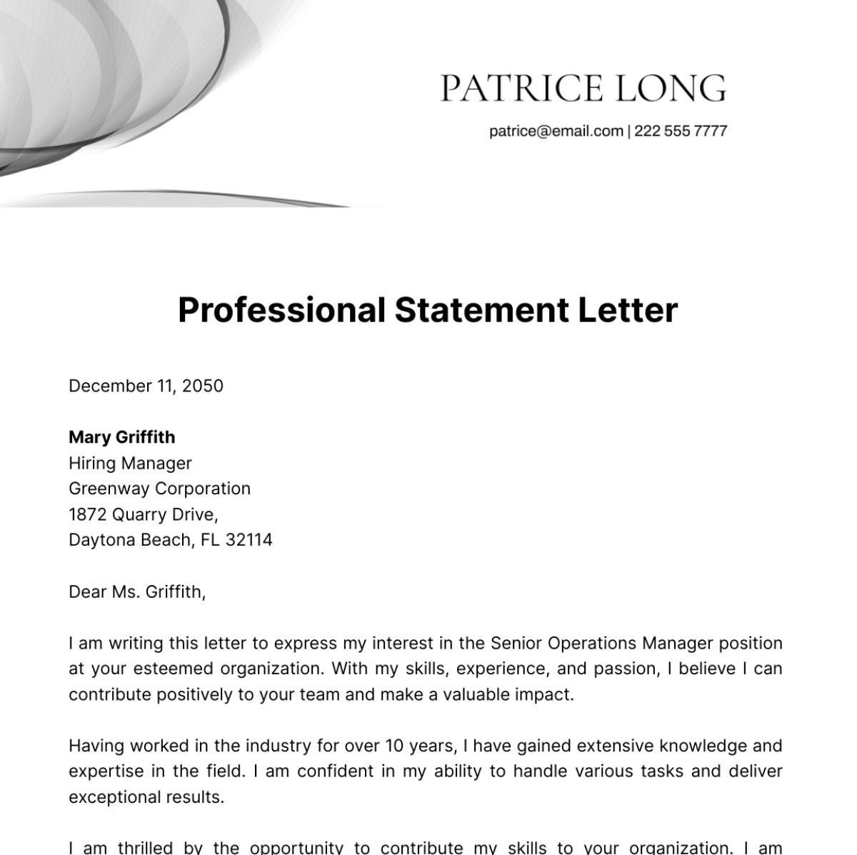 Professional Statement Letter Template
