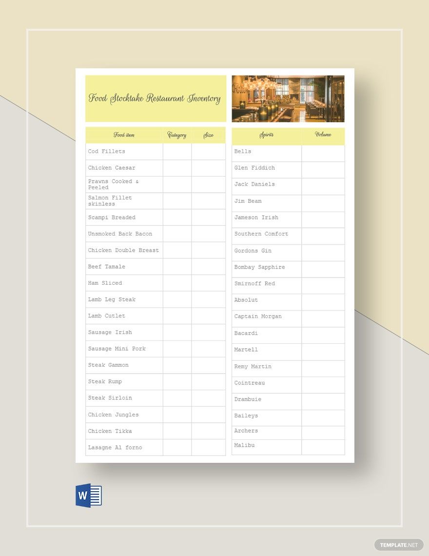 Food Stock-take Restaurant Inventory Template