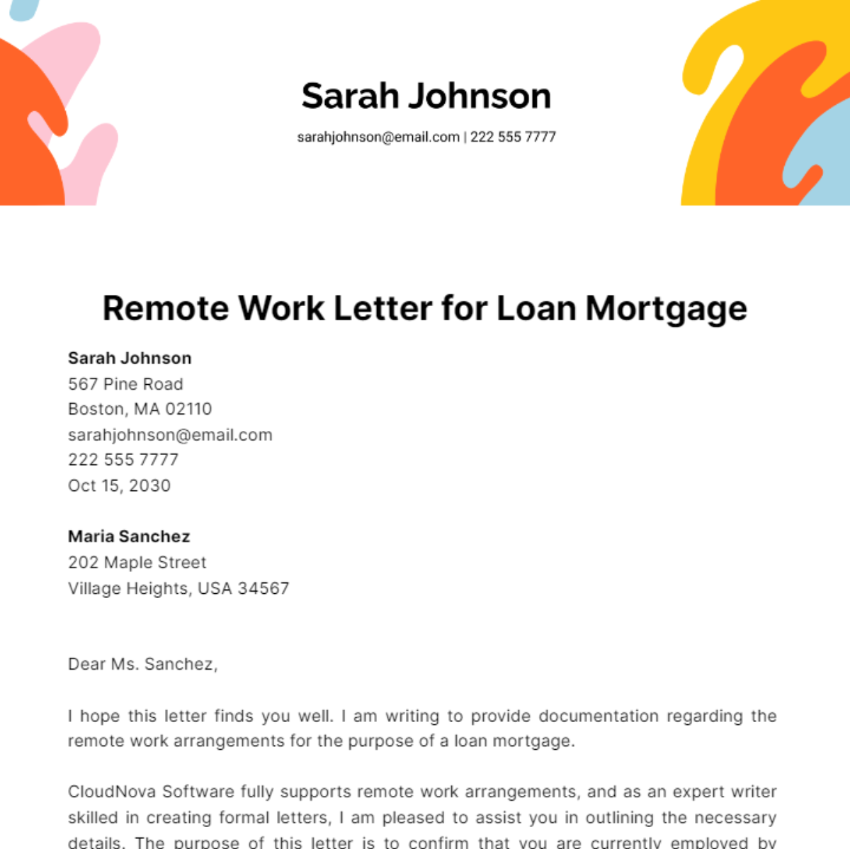 Remote Work Letter for Loan Mortgage Template