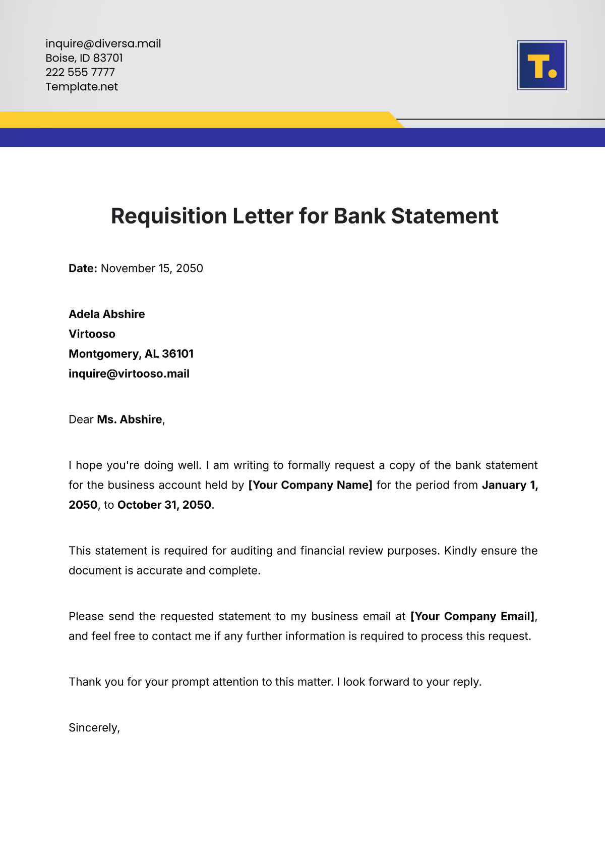 Requisition Letter for Bank Statement Template - Edit Online & Download