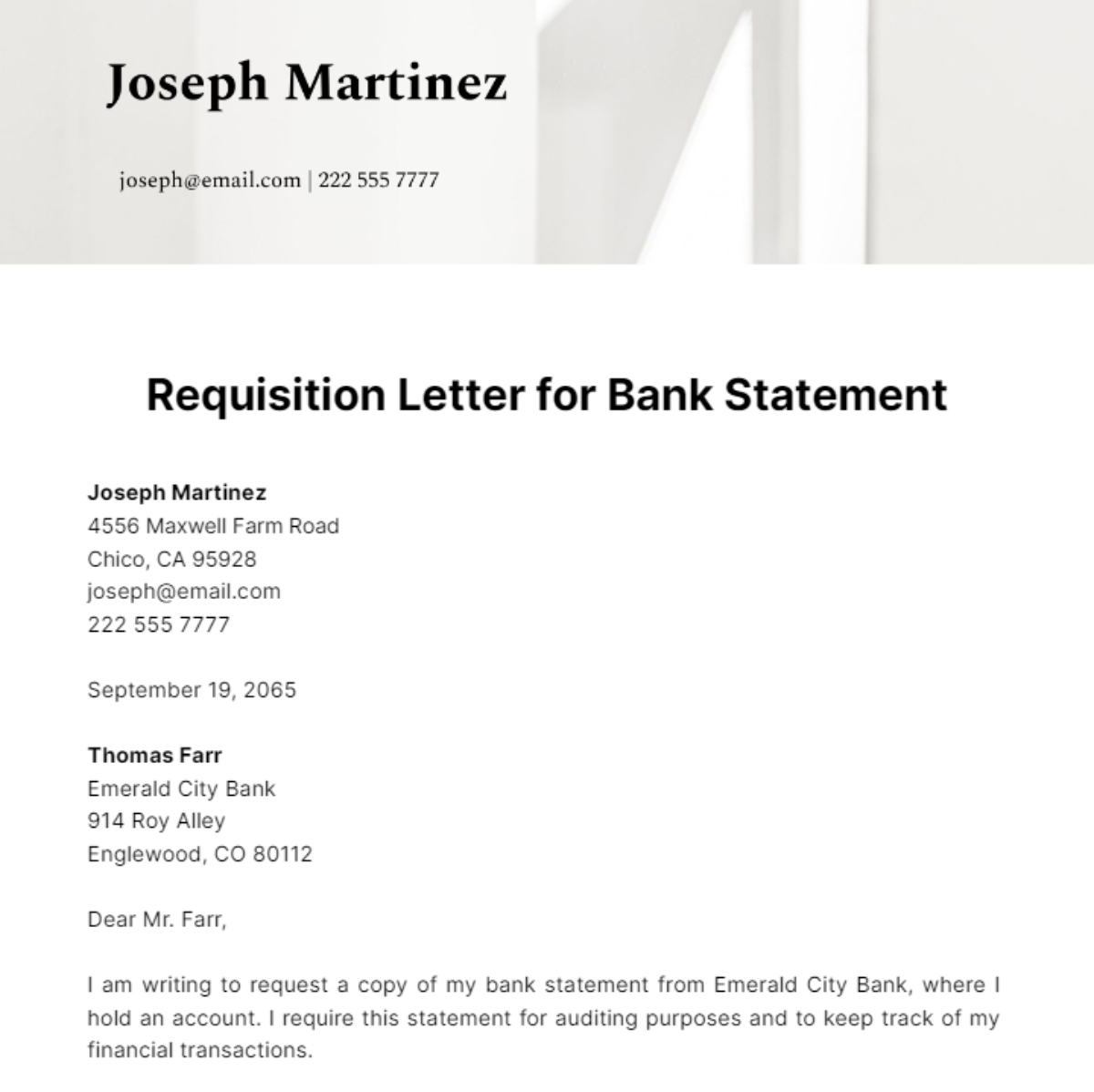 Requisition Letter for Bank Statement Template