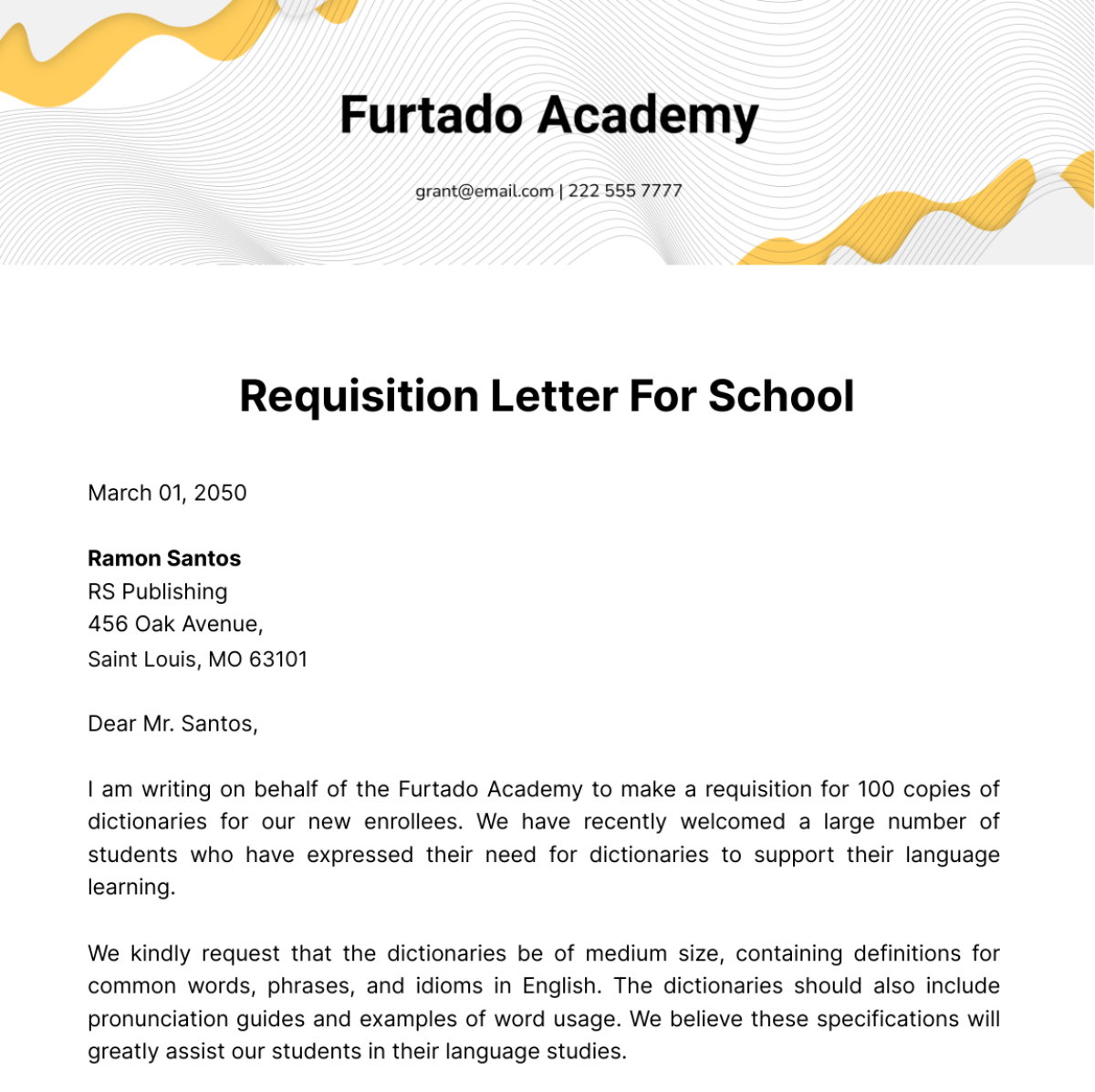Requisition Letter for School Template