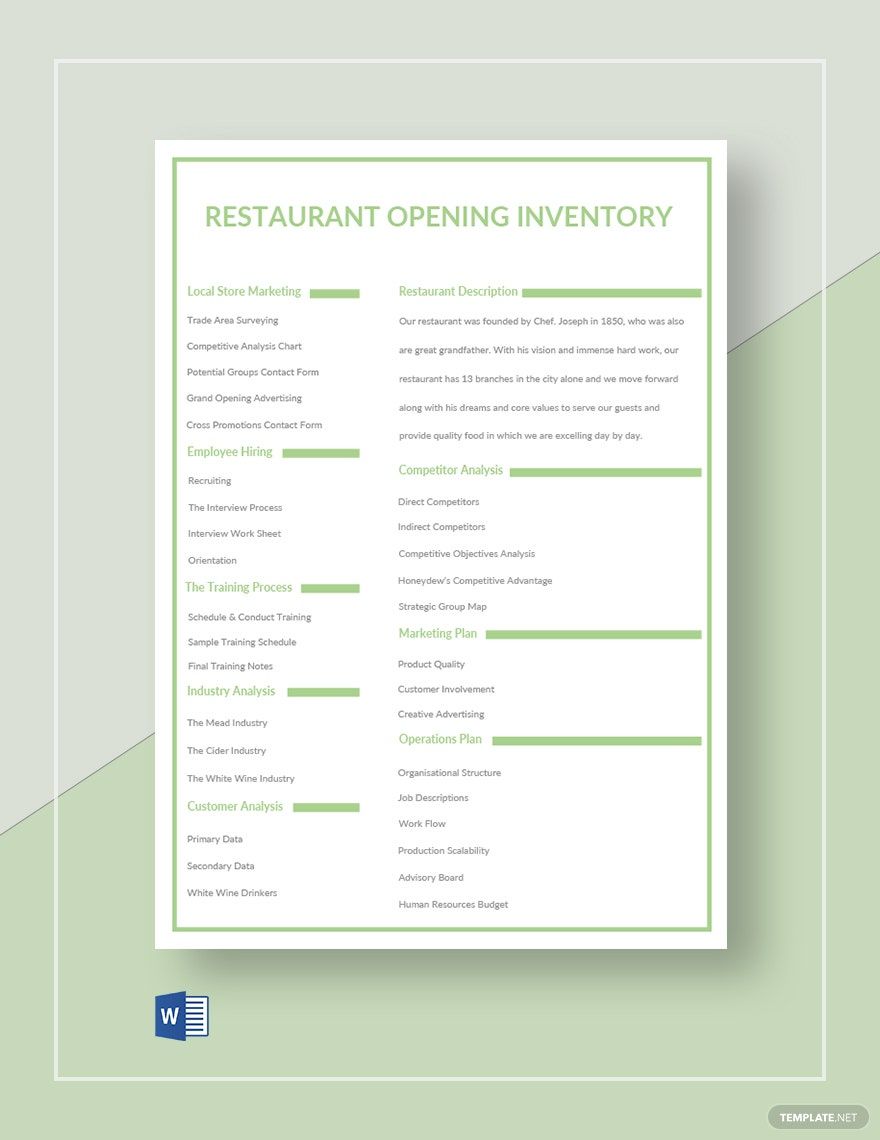 Restaurant Opening Inventory Template