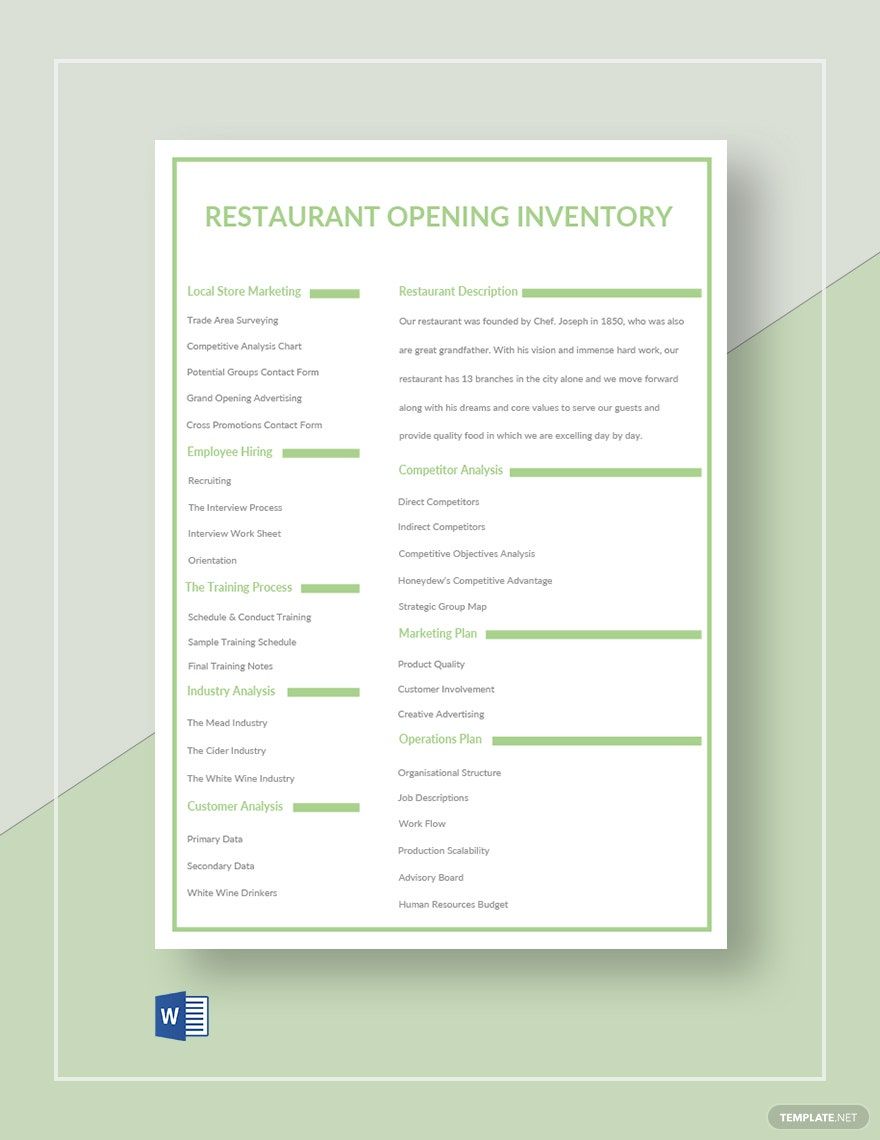 Restaurant Opening Inventory Template in Google Sheets, Google Docs, Word - Download | Template.net