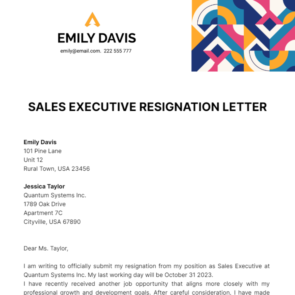 Free Sales Executive Resignation Letter Template