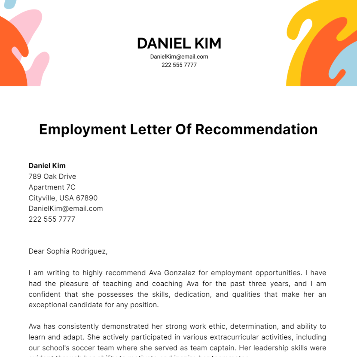 Employment Letter Of Recommendation Template