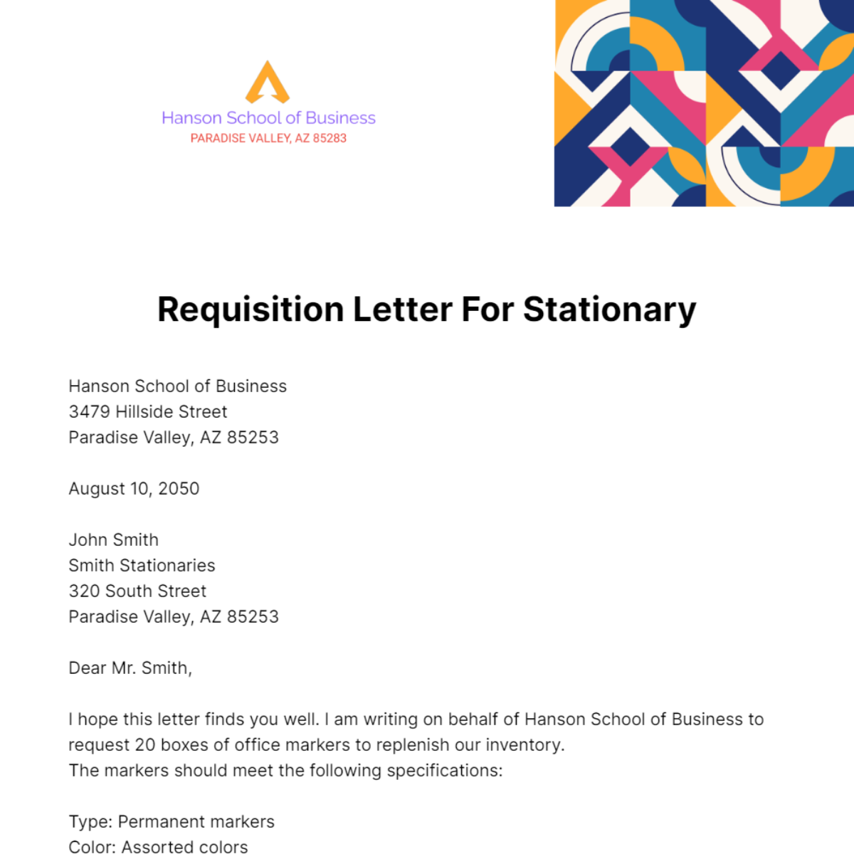Requisition Letter for Stationery Template