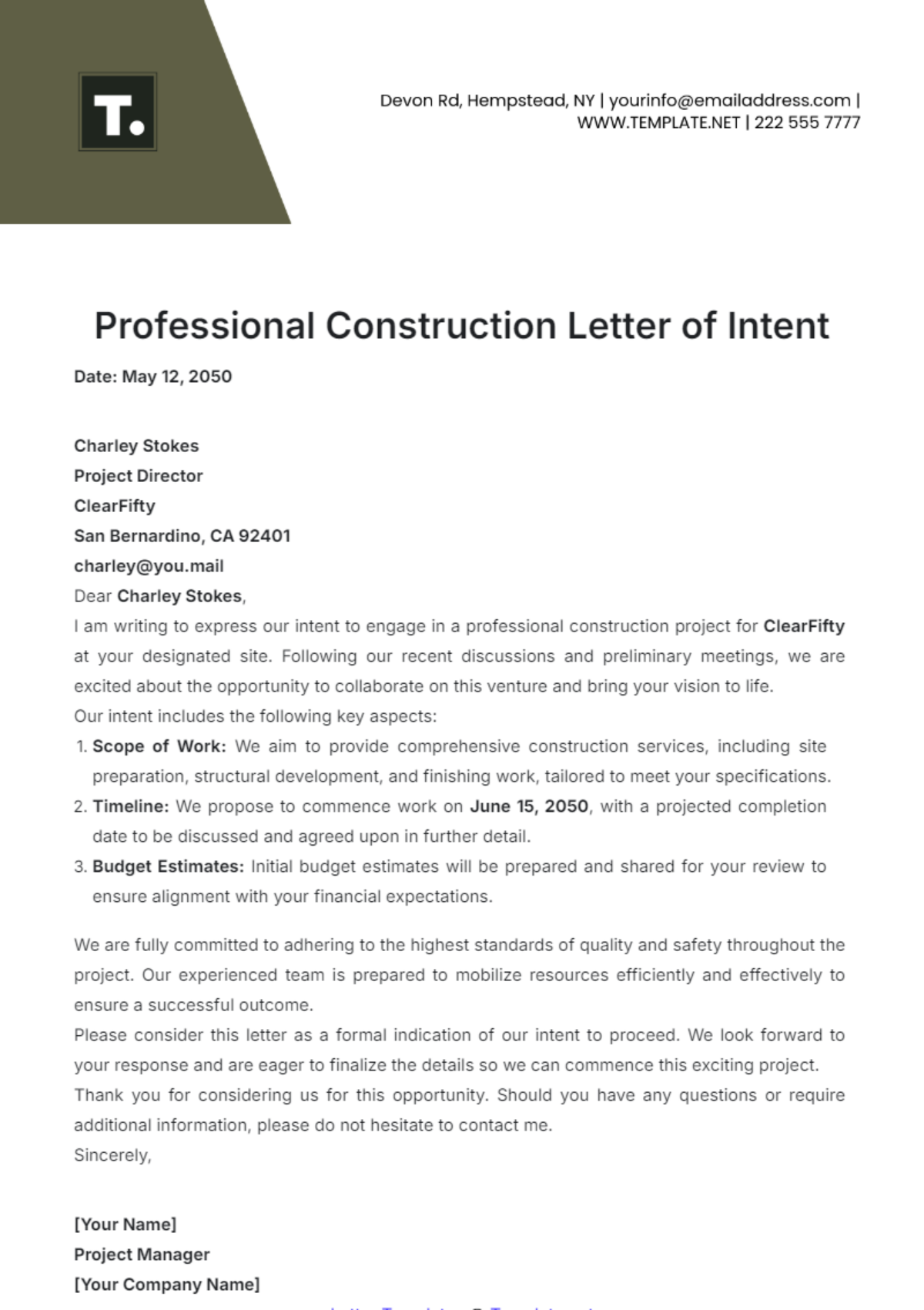 Professional Construction Letter of Intent Template - Edit Online & Download