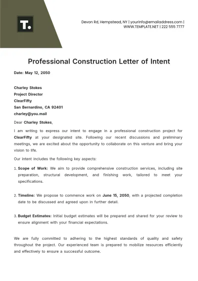 Free Professional Construction Letter of Intent Template to Edit Online