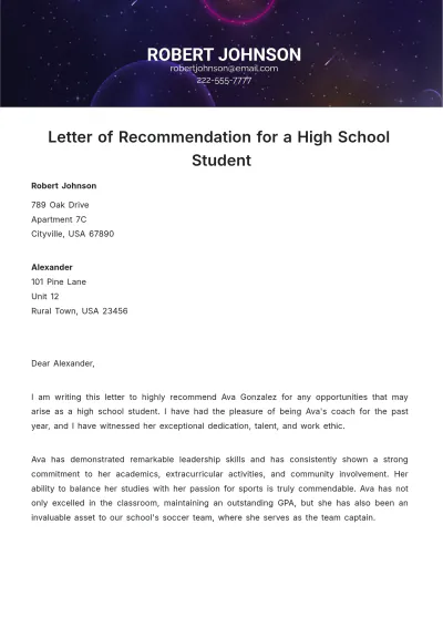 Free Letter Of Recommendation For A High School Student Template to Edit Online