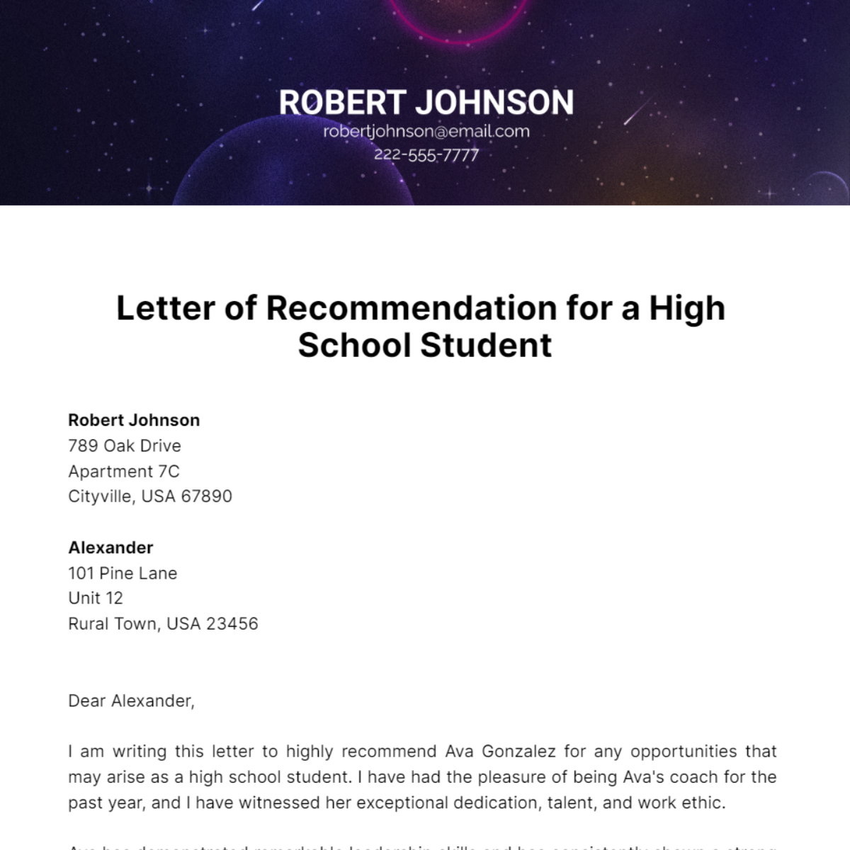 Letter Of Recommendation For A High School Student Template