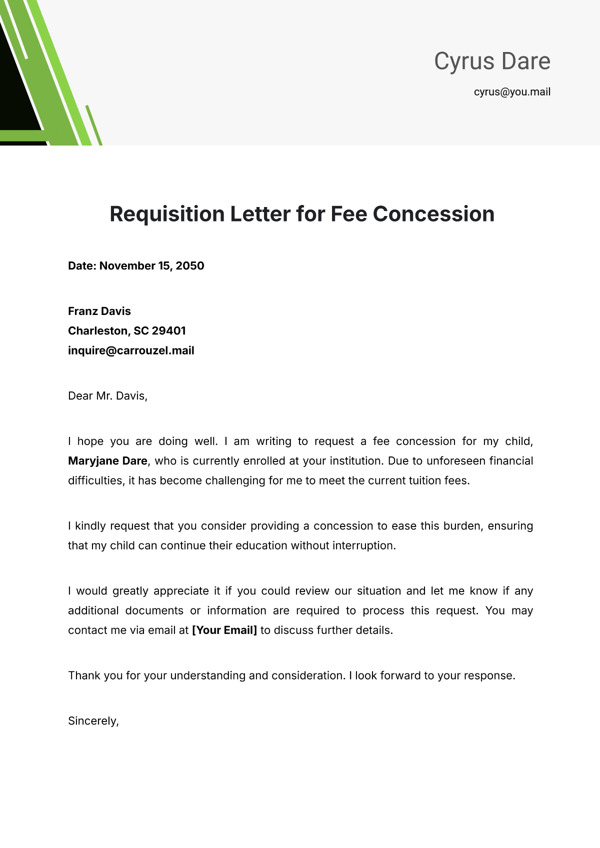 Requisition Letter for Fee Concession Template - Edit Online & Download