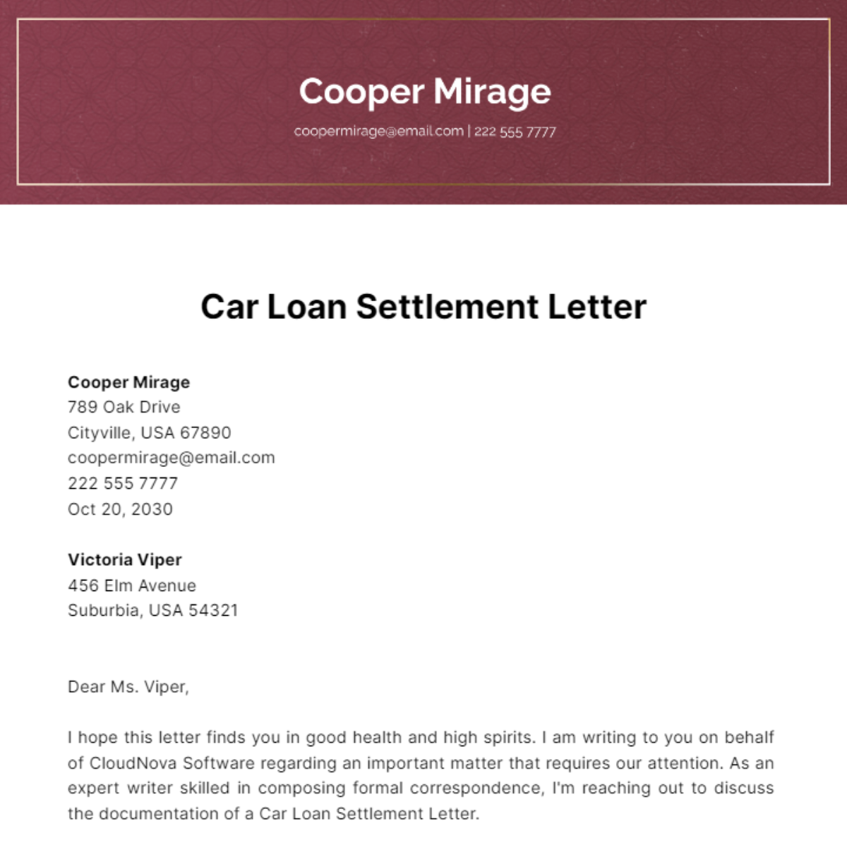 Car Loan Settlement Letter Template
