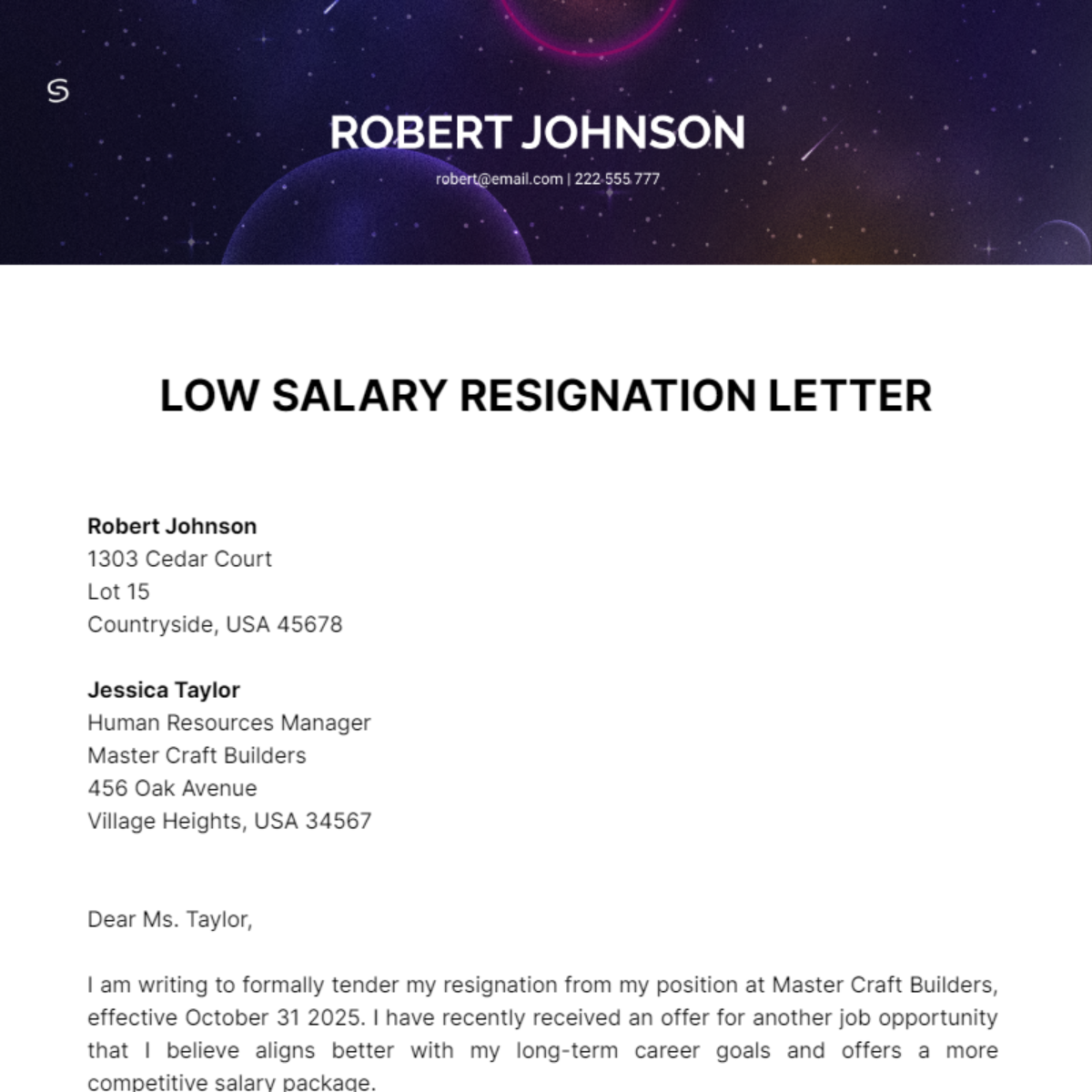 Free Low Salary Resignation Letter Template