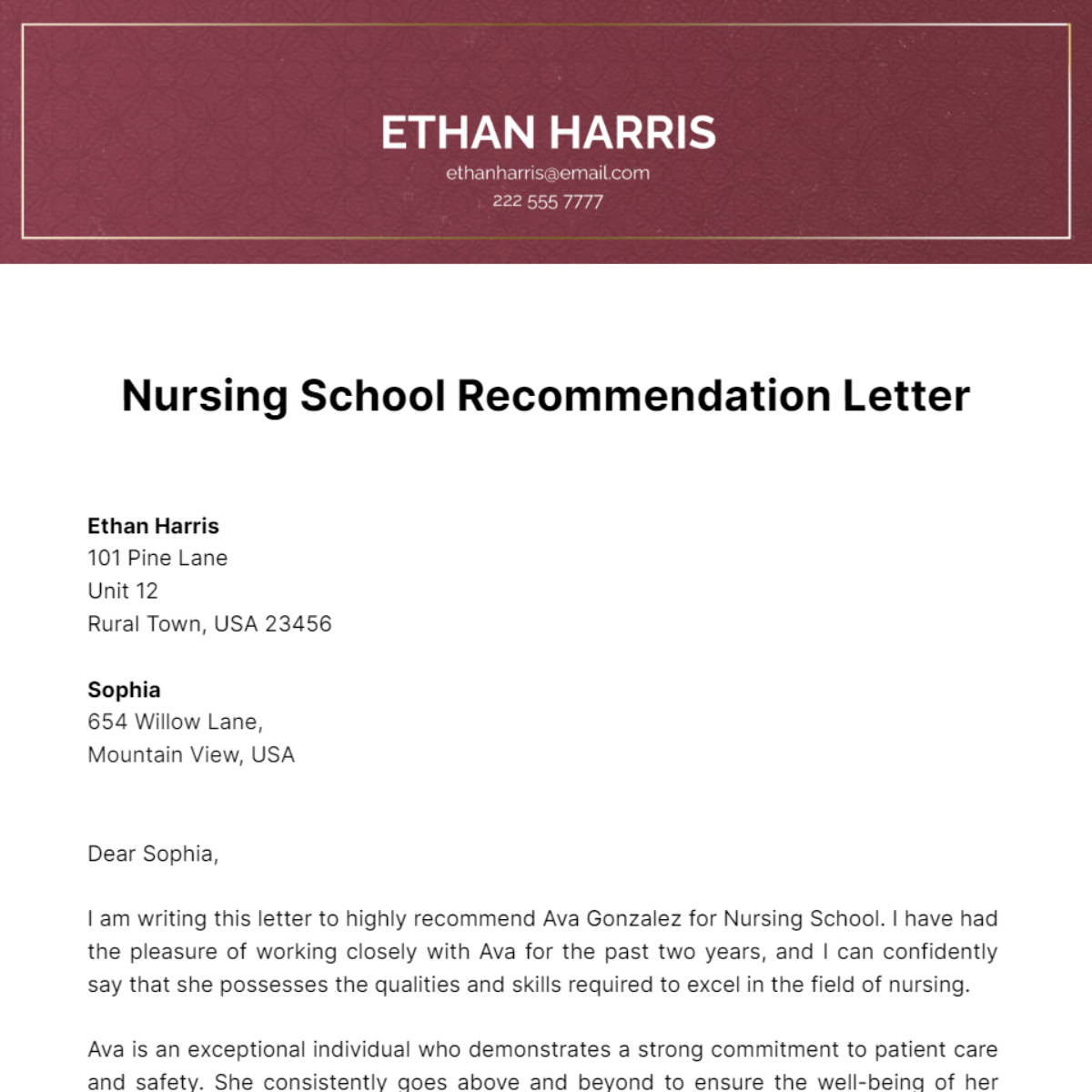 Nursing School Recommendation Letter Template