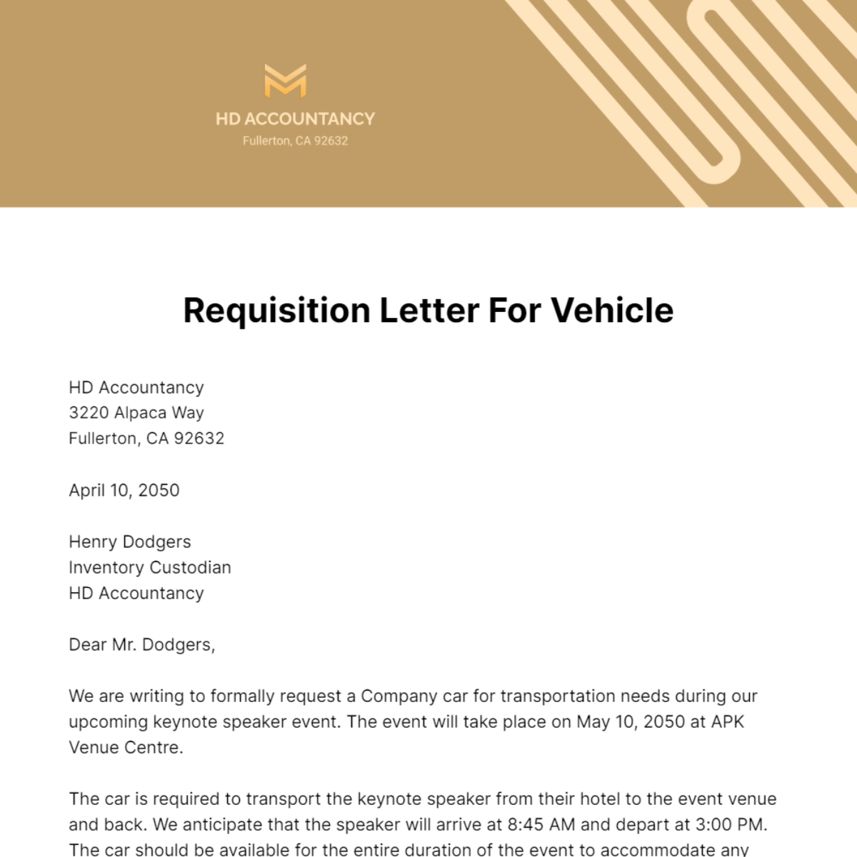 Requisition Letter for Vehicle Template