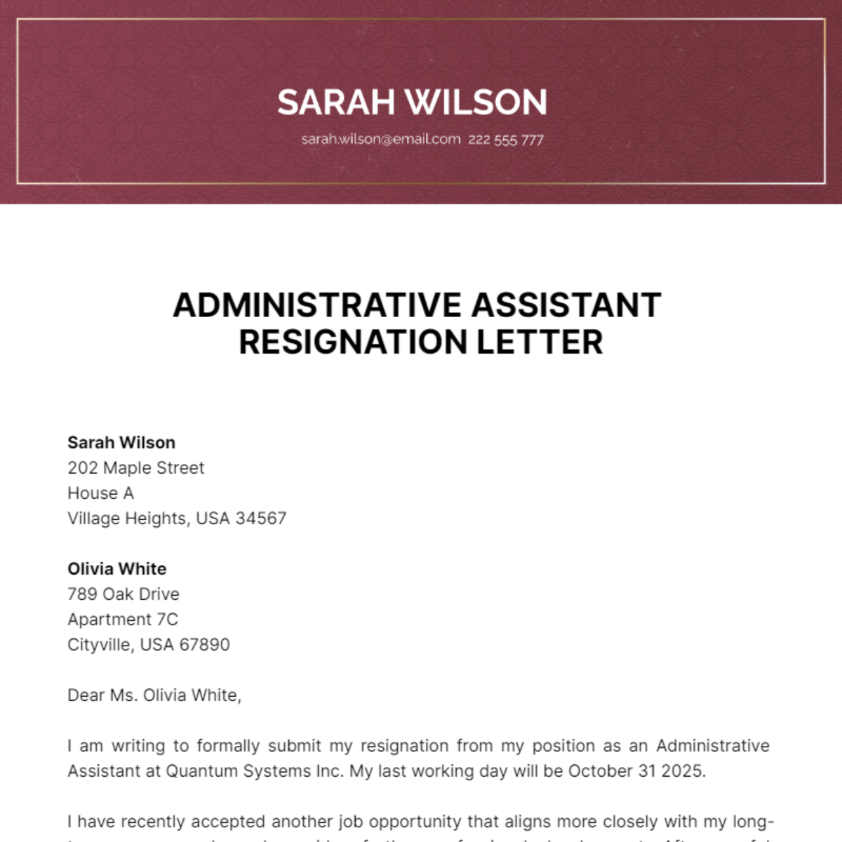 Administrative Assistant Resignation Letter Template