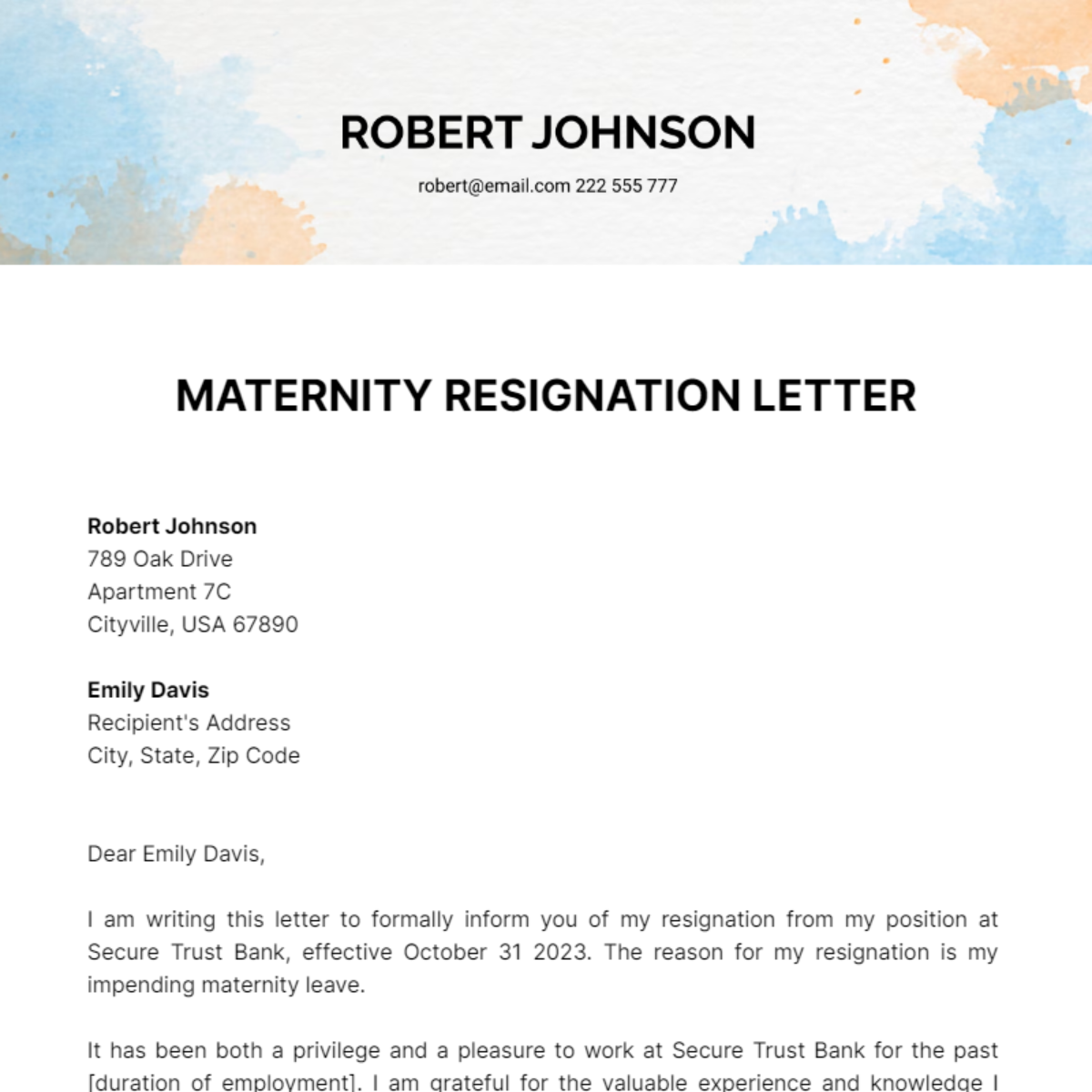 Maternity Resignation Letter Template