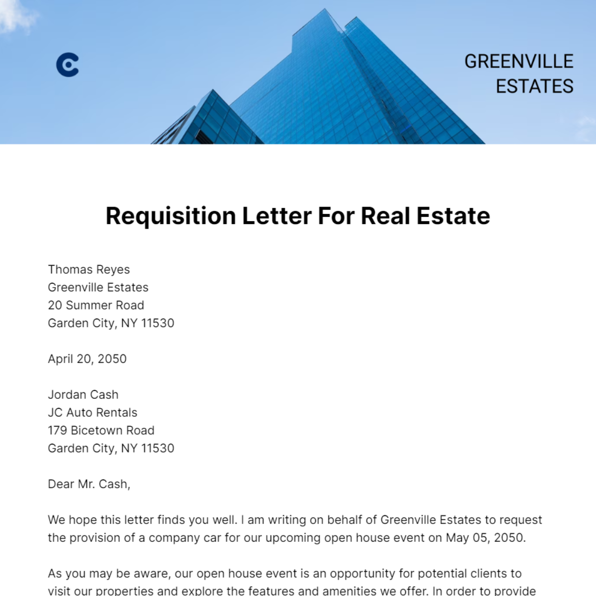 Requisition Letter for Real Estate Template