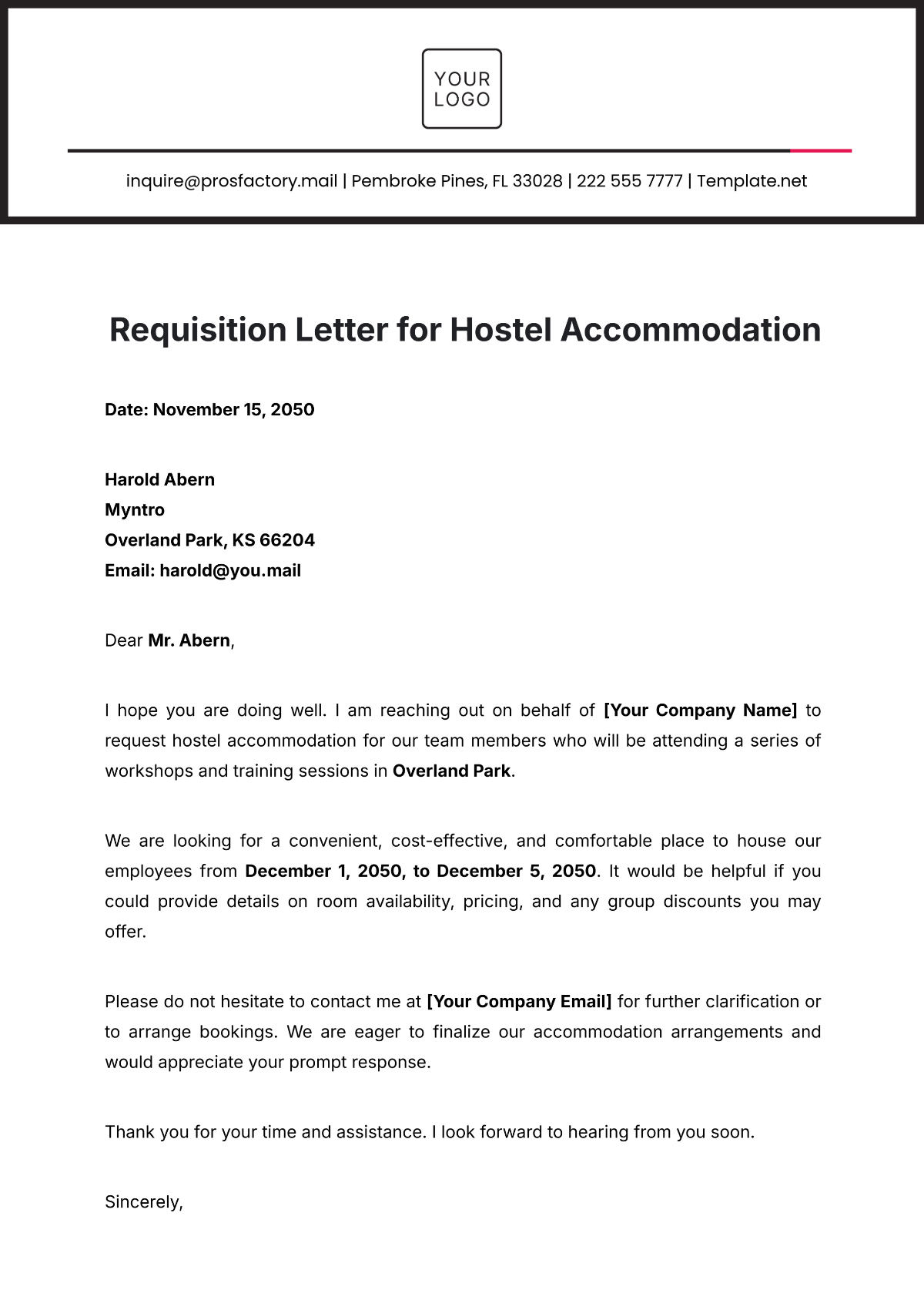 Requisition Letter for Hostel Accommodation Template - Edit Online & Download