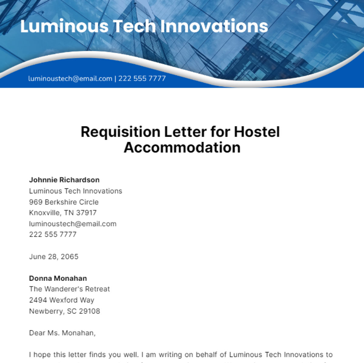 Requisition Letter for Hostel Accommodation Template
