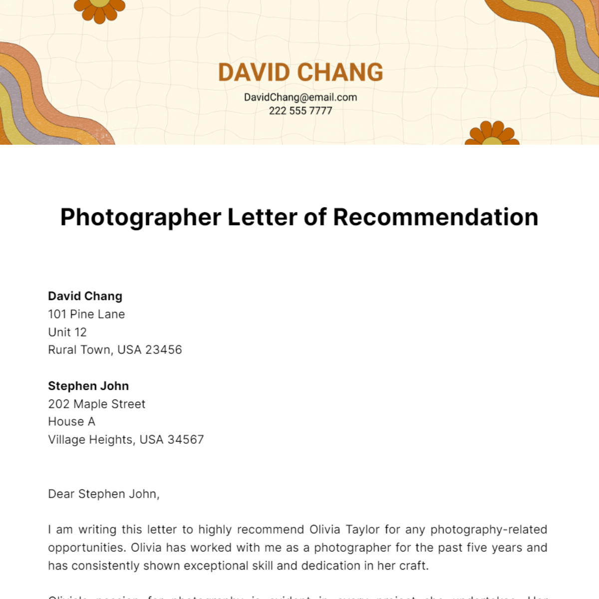 Photographer Letter of Recommendation  Template