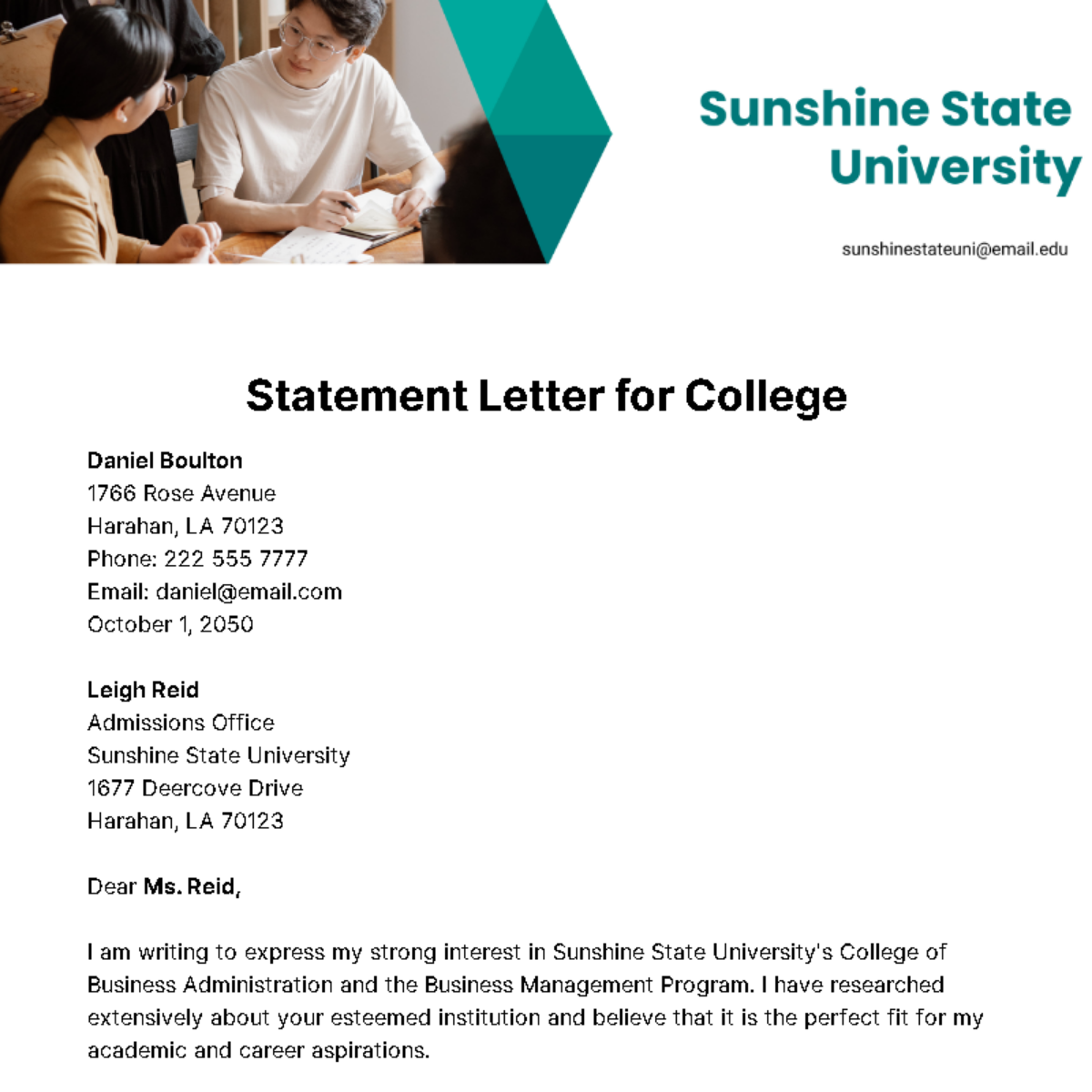 Free Statement Letter for College Template