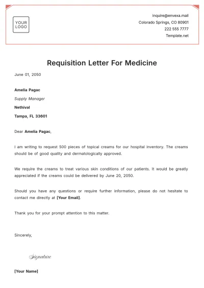 Free Requisition Letter for Medicine Template to Edit Online