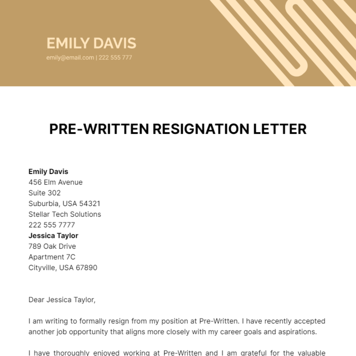 Pre-Written Resignation Letter Template