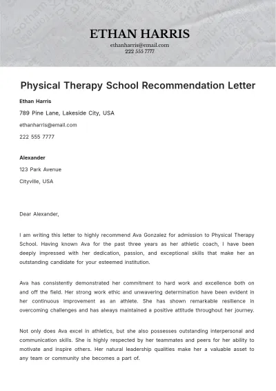 Free Physical Therapy School Recommendation Letter Template to Edit Online