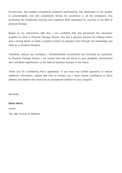 Free Physical Therapy School Recommendation Letter Template to Edit Online