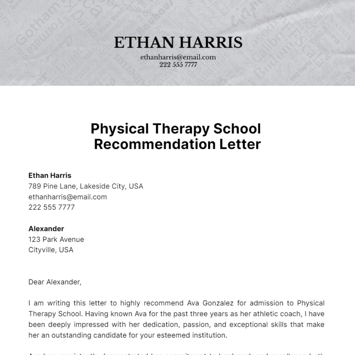 Physical Therapy School Recommendation Letter Template