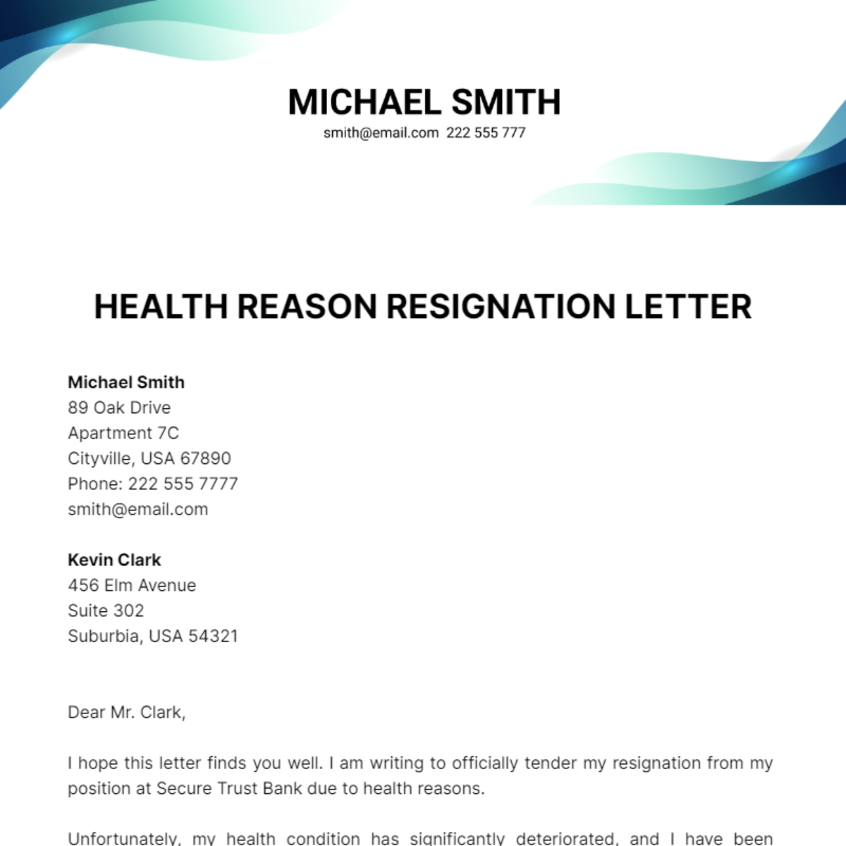 Health Reason Resignation Letter Template