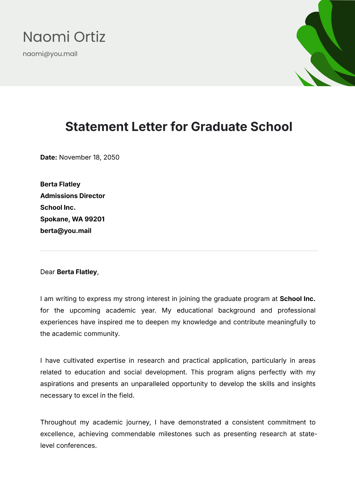 Statement Letter for Graduate School Template - Edit Online & Download