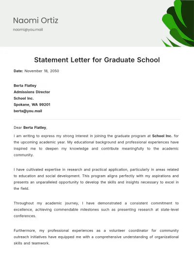Free Statement Letter for Graduate School Template to Edit Online