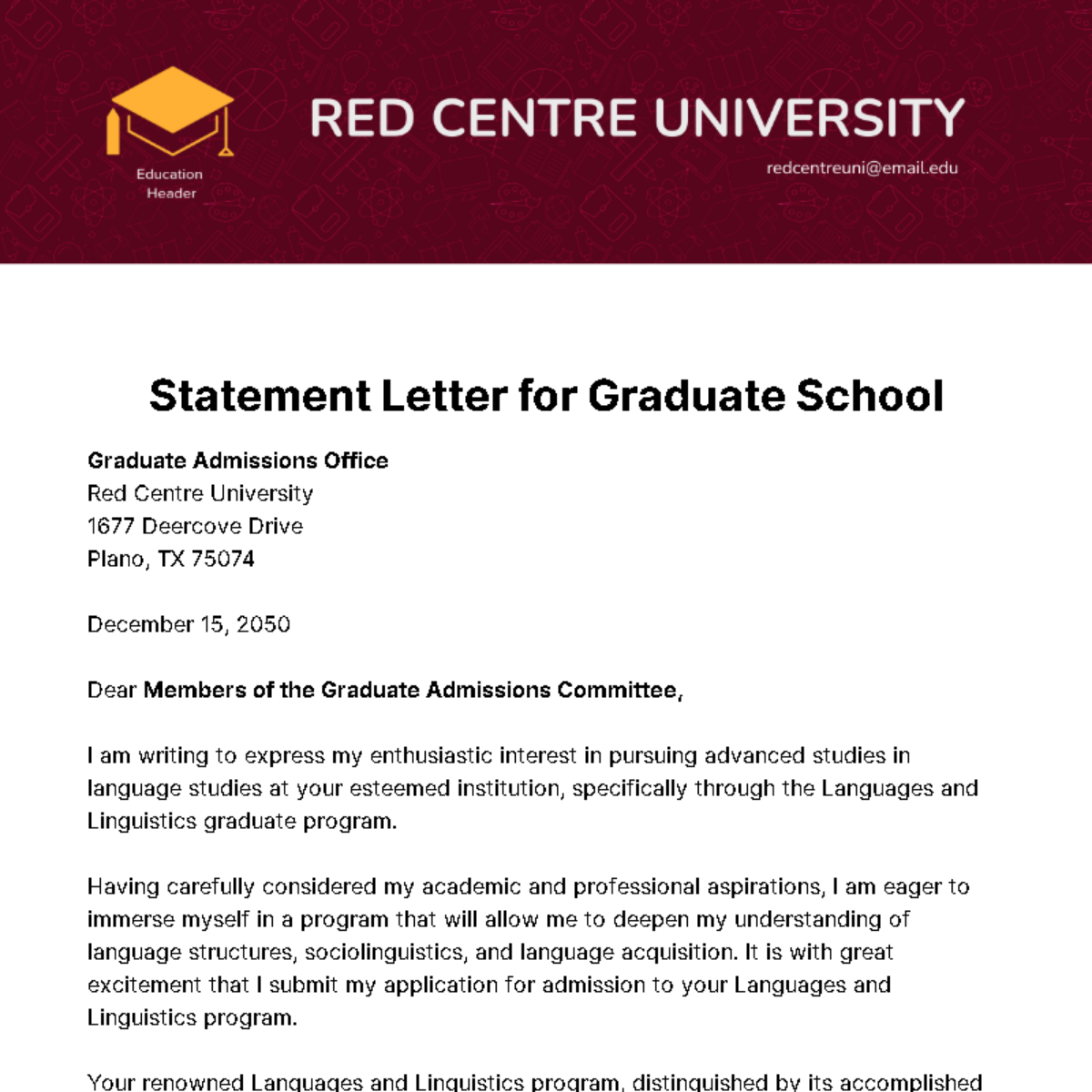 Free Statement Letter for Graduate School Template