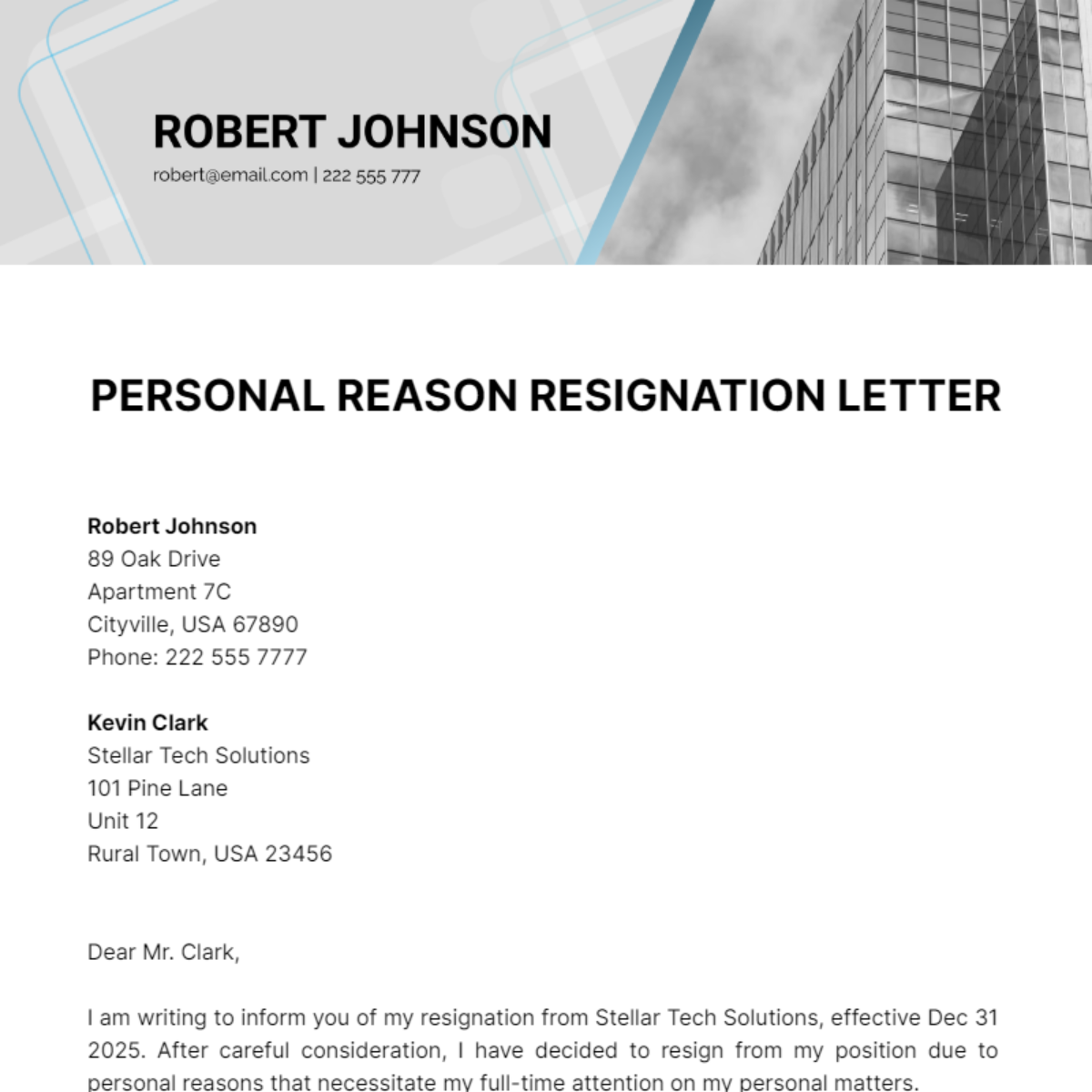 Personal Reason Resignation Letter Template