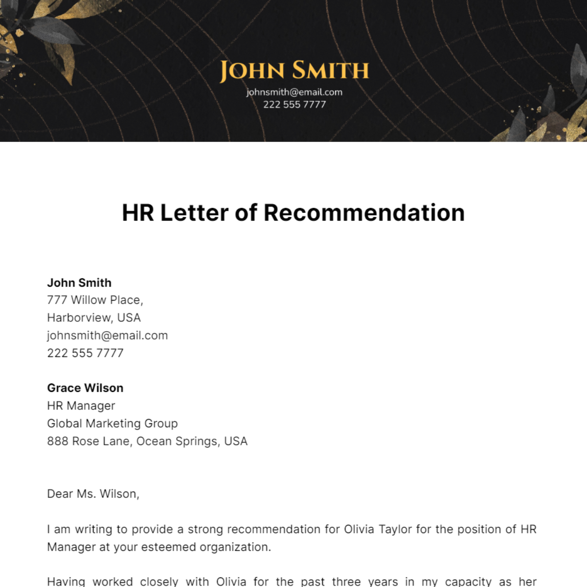 HR Letter of Recommendation Template