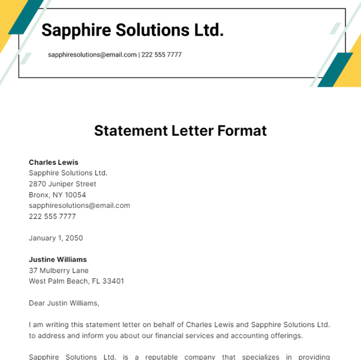 Free Statement Letter Format Template