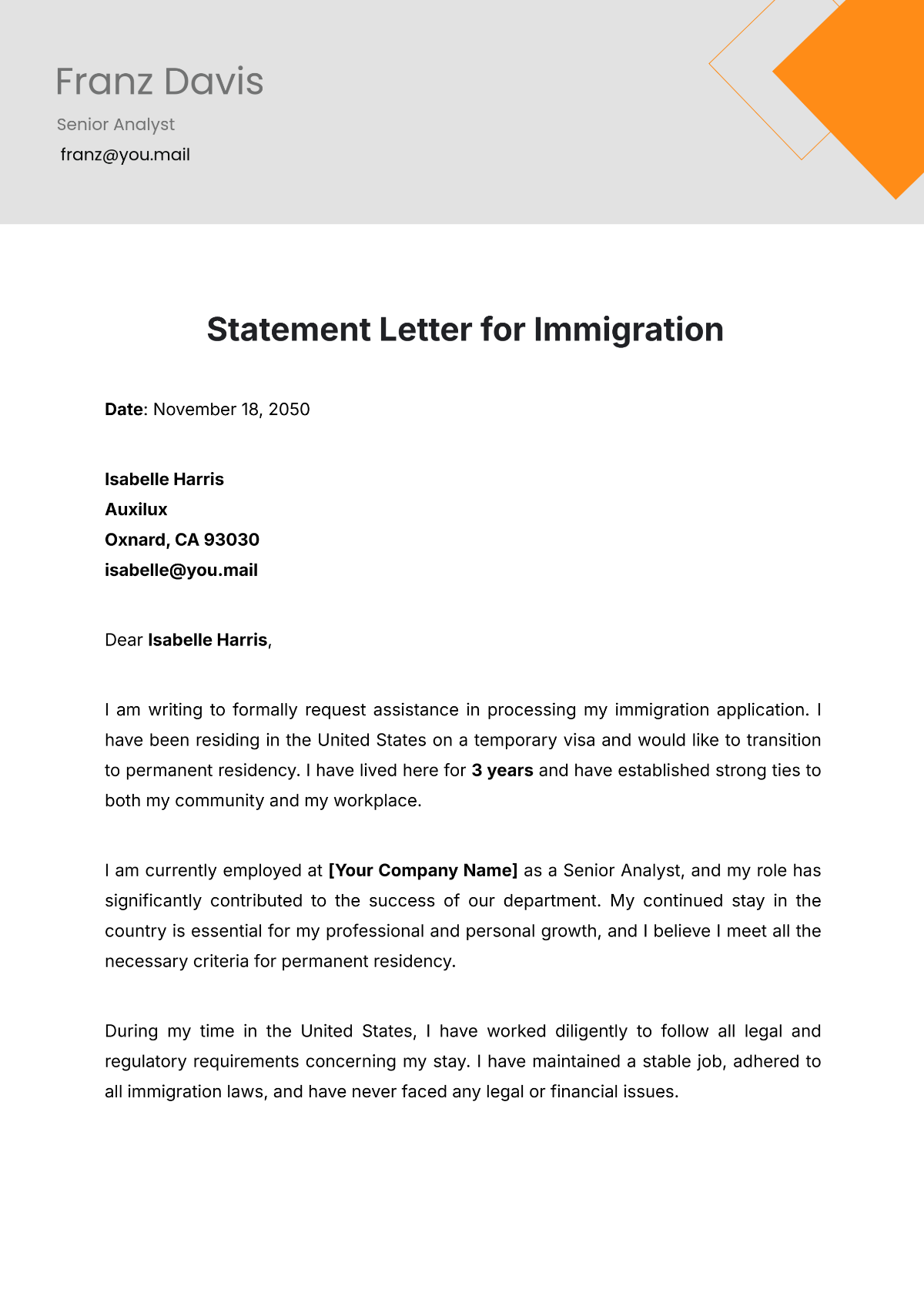 Statement Letter for Immigration Template - Edit Online & Download