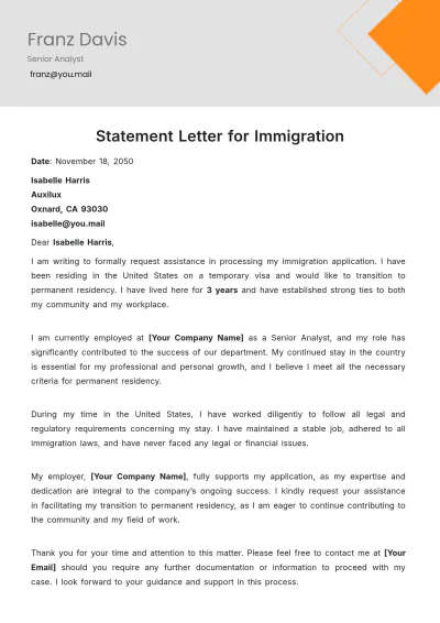 Free Statement Letter for Immigration Template to Edit Online