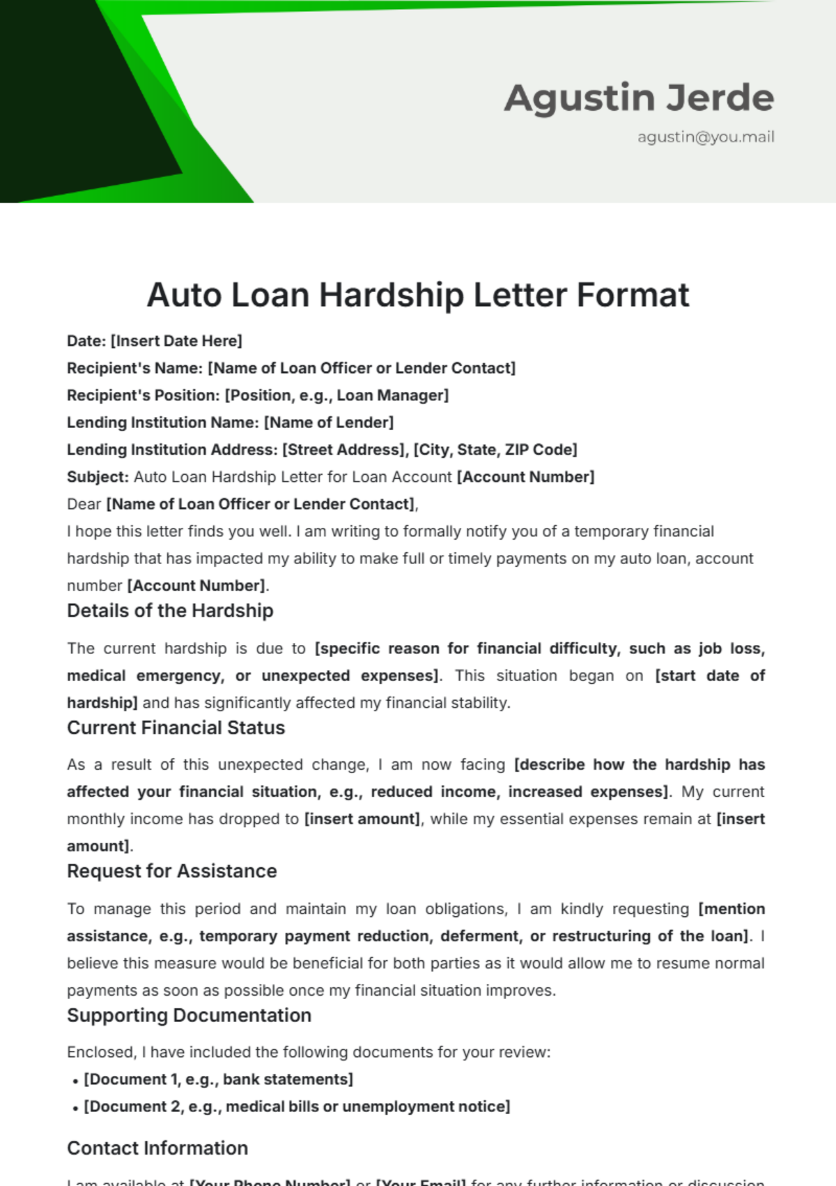 Auto Loan Hardship Letter Format Template - Edit Online & Download