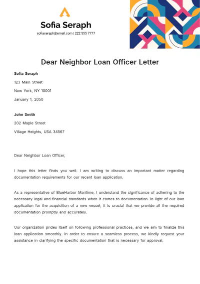 Free Dear Neighbor Loan Officer Letter Template to Edit Online